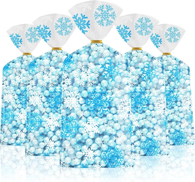 Litmitfu 100 Pcs Winter Snowflake Treat Bags - Christmas Gift Bags, Blue White Plastic Snowflakes Cello Candy Goodie Cookie Snack Cellophane Bag with Twist Ties for Xmas Holiday Winter Wonderland Party Favors - Image 1